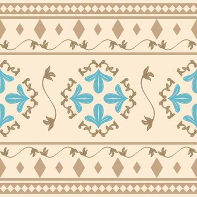 Beautiful Moroccan Luxury Border Beige and Blue Embroidery Design Scroll Ornament and Geometric Pattern. Elegance Gold Silk Weaves Exquisitely Decoration for Wallpaper Backdrop Greek Classy Men's Wear