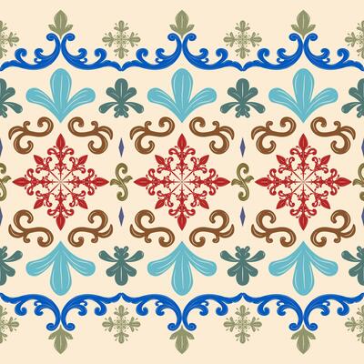 Royal Exquisitely Colorful Scroll Ornament Embroidery Silk Weaves on Beige Background. Magnificent Luxury Border Pattern Rich and Wealth Decoration Design for Wallpaper Clothes Apparel Carpet.
