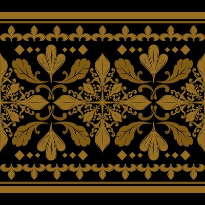 Luxury Detailed Gold Silk Weaves Scroll Ornament of Nature Florals Leaves Fleur de lis Geometric Decoration on Black Background Elaborate Golden Lily Border Pattern Haute Couture Rich Opulence