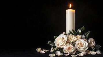 A candle and white roses are arranged on a black background photo