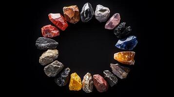 A circle of rocks arranged in a circle on a black background photo