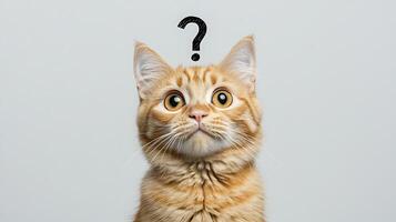A cat is looking up with a question mark on its head photo