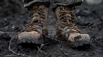 A pair of boots with barbed wire wrapped around them photo