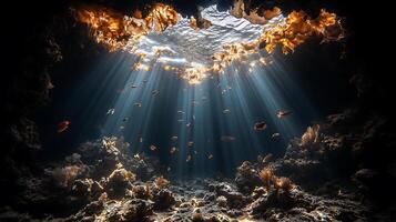 Sunlight shining through a cave with fish swimming in it photo