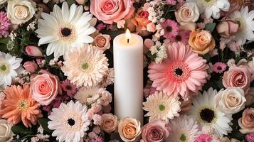 A candle is surrounded by flowers and other items photo