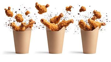 Four paper cups with fried chicken in them photo