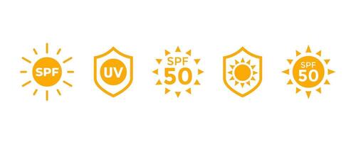 SPF, sun block icons, protect from uv radiation labels with shield vector