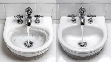 A sink with a faucet and a white sink photo