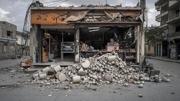 A pile of broken glass and other debris in front of a store photo