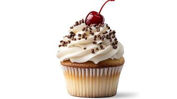 A cupcake with white frosting and a cherry on top photo