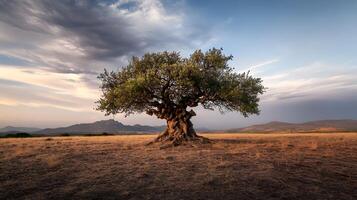 A lone tree in a field with a sky in the background photo