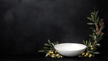 Olive branch and bowl on black background photo