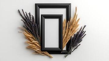Frame with lavender and wheat on white background 3d render photo