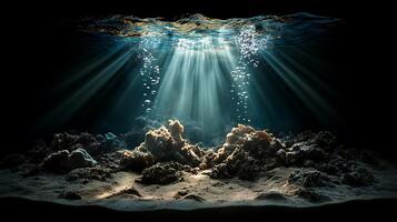 Underwater scene with rays of light shining through the water photo