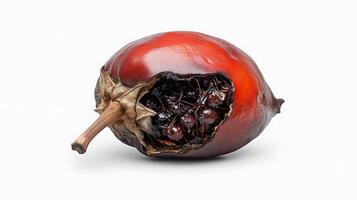 A red fruit with black seeds on a white background photo