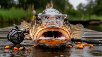 A fish with its mouth open on a dock photo