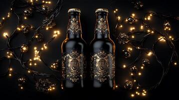 Two bottles of beer with christmas lights on them photo