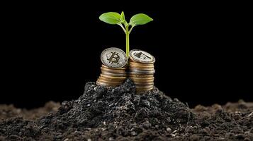 Bitcoin and coins growing on soil photo