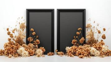 Two black frames with dried flowers on a white wall photo