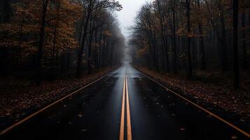An empty road in the middle of a forest photo