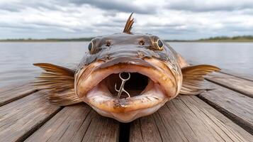 A fish with its mouth open on a dock photo
