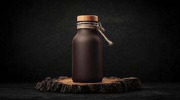 A dark brown bottle with a wooden handle on a wooden stump photo