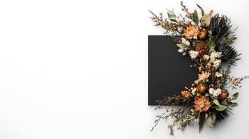 Black square frame with flowers and leaves on white background photo
