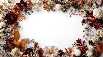 Autumn wreath frame with dried flowers and leaves on white background photo