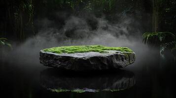 A rock with moss on it in the middle of a pond photo