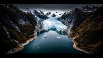 A large glacier is shown in the middle of a lake photo