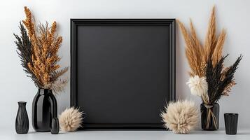 Black frame with dry plants and vases on a white background photo