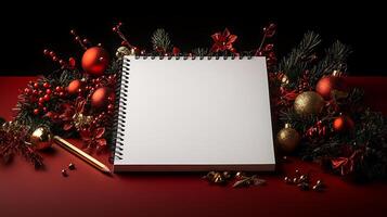 A blank notebook with christmas decorations on a red background photo