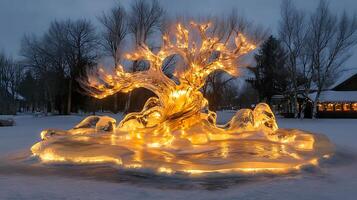 A tree with lights on it in the snow photo