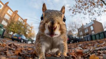 A squirrel is looking at the camera while standing in leaves photo