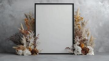 Blank white frame with dried flowers and plants on concrete wall photo