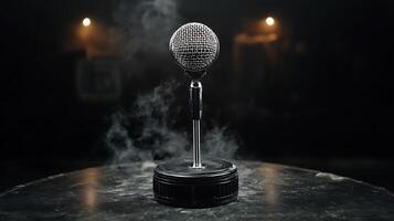 A microphone on top of a table with smoke coming out of it photo