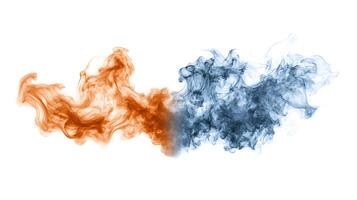 Two different colors of smoke are shown on a white background photo