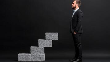 Businessman standing on a block of stone and looking up photo