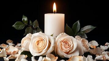 A candle and roses are arranged on a black background photo
