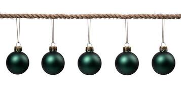 A string of green christmas balls hanging from a rope photo