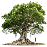 Beautiful banyan tree with intertwined roots and a massive trunk, isolated on a white background, symbolizing strength, longevity, and natural growth photo