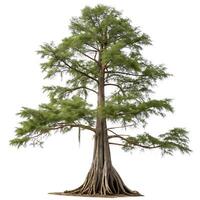Majestic bald cypress tree with wide branches and intricate root system, isolated on a white background, showcasing its natural beauty and resilience photo