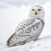 Majestic snowy owl with distinctive feathers and bright yellow eyes, captured in a serene snowy landscape with a neutral white background photo