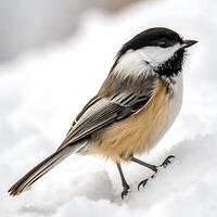 A small, detailed image of a chickadee bird with black markings and white chest, perched in snow covered surroundings photo