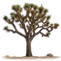 Iconic Joshua tree in the middle of the desert, with a dramatic twist in its branches, surrounded by dry desert plants and sands photo