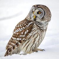 Barred owl perched on a snow covered branch, showcasing its sharp gaze and intricate feather patterns, set against a soft white backdrop photo
