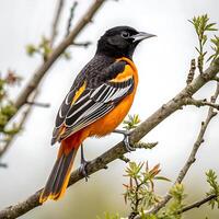 Detailed image of an oriole with vivid orange and black feathers perched on a tree branch, set against a white background photo