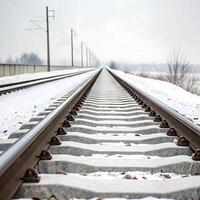 railway tracks covered with snow, converging towards the horizon with a white wall and empty landscape in the background photo