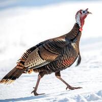 Side view of a turkey with intricate feather patterns and a bright red wattle, walking through the snow, highlighted by a crisp white background photo