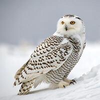 Elegant snowy owl perched on snow, displaying its intricate plumage and powerful presence in a crisp white background photo